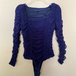Zara Navy Blue Ruched/Tulle Bodysuit